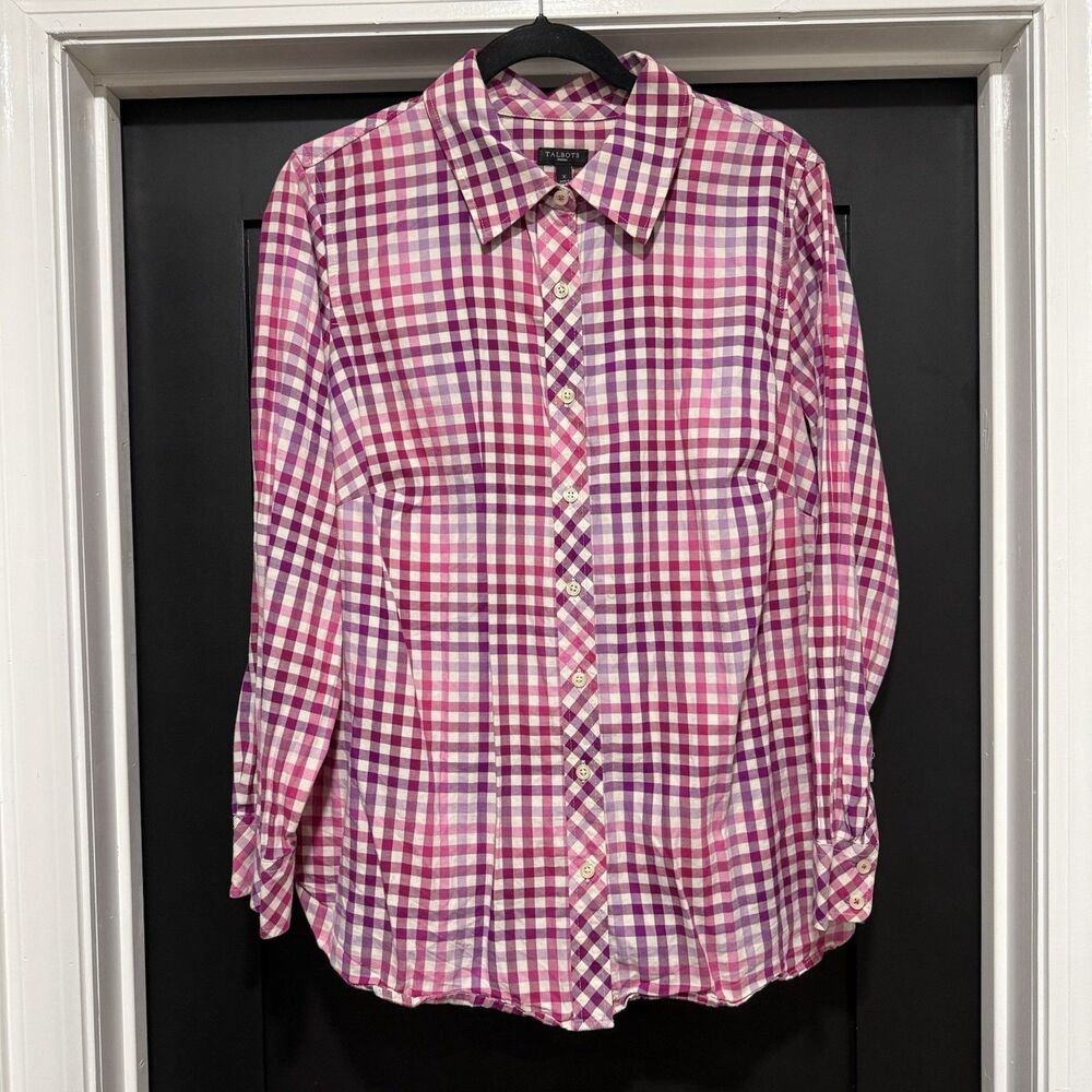 Talbots Classic Gingham Plaid Plus Sz XL Button Up Shirt Pink Preppy Western